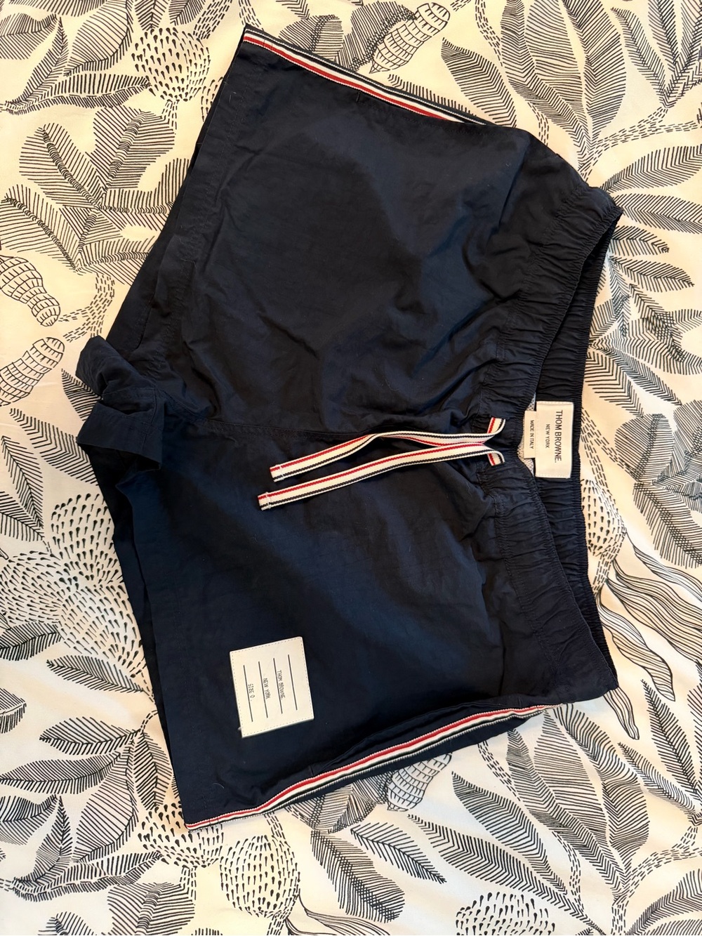 Thom Browne Navy Swim Shorts with Red-White-Blue Drawstring